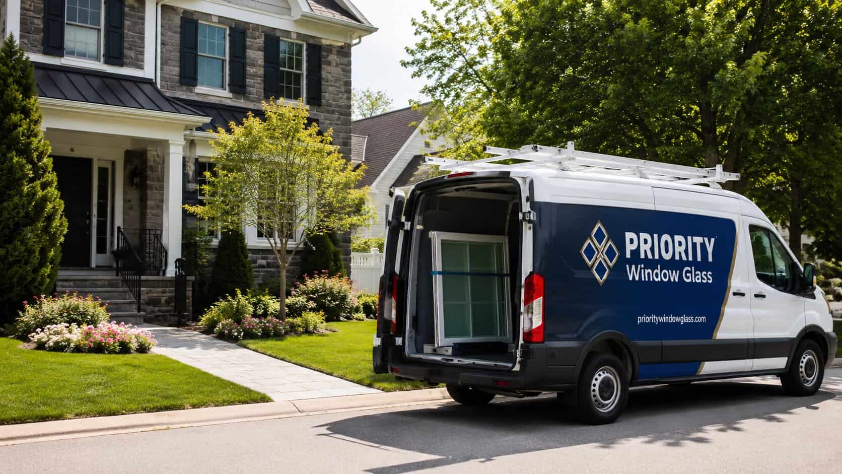 Window Glass service van arriving at a residential property in Falls Church, Virginia