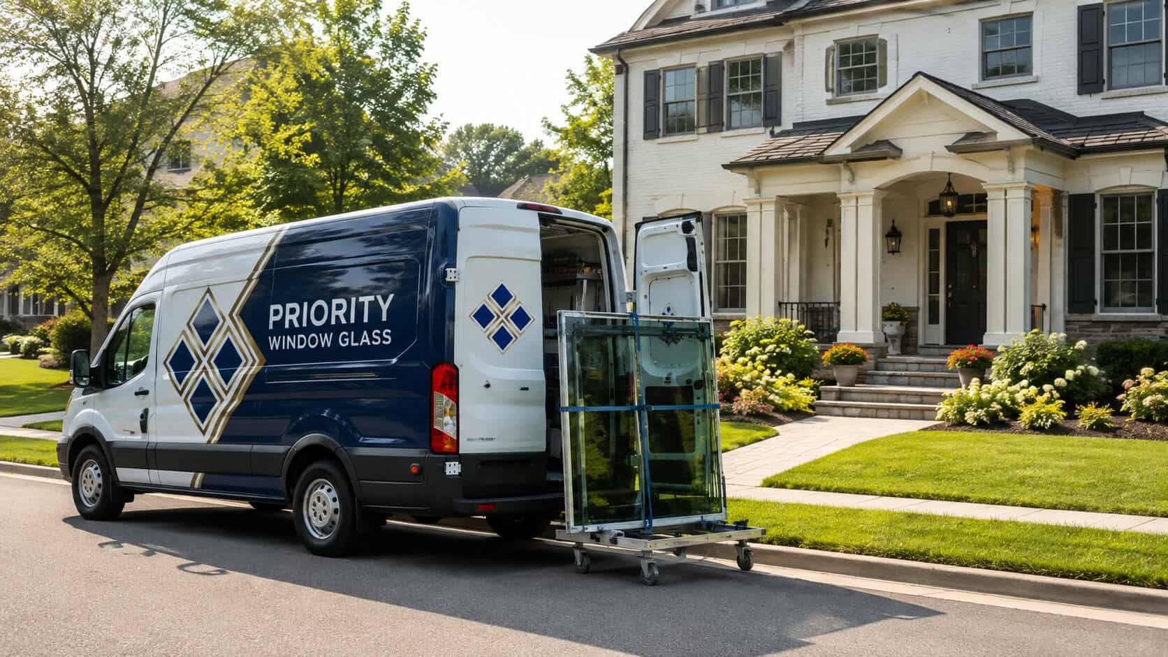 Window glass repair service vehicle near a residential property