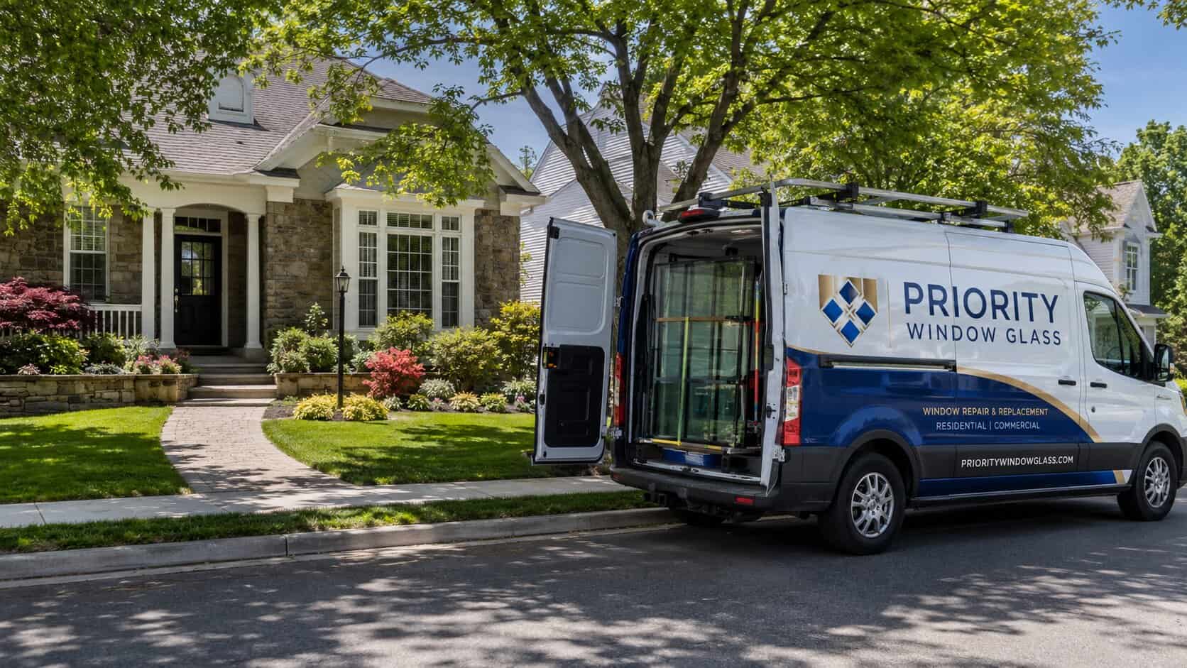 Window Glass service van arriving at a residential property in Herndon, Virginia