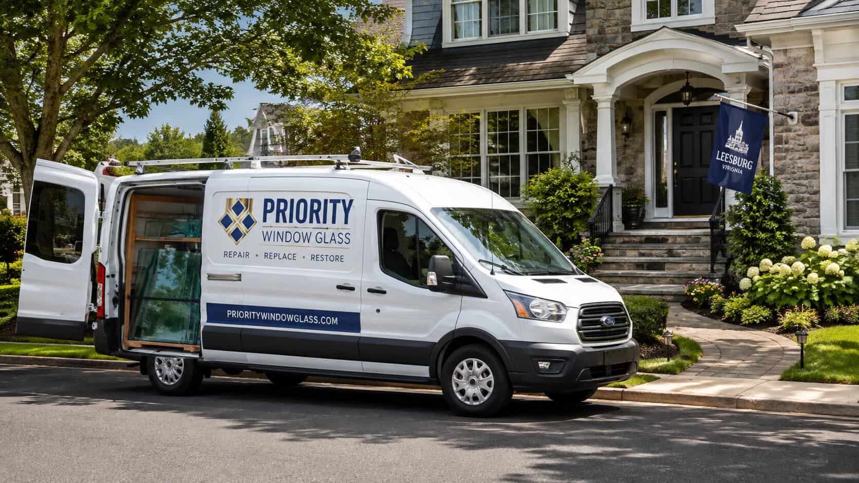 Window Glass service van arriving at a residential property in Leesburg, Virginia