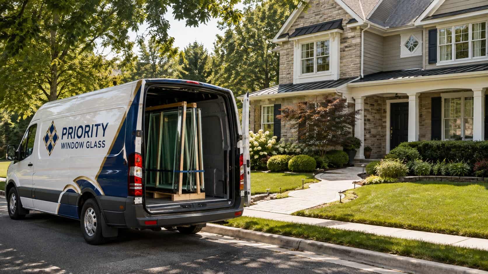 Window Glass service van arriving at a residential property in Reston, Virginia