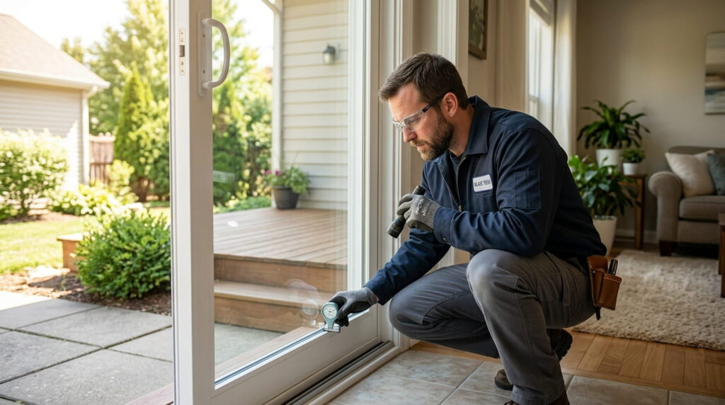 Technician inspecting the glass panel of a sliding patio door
