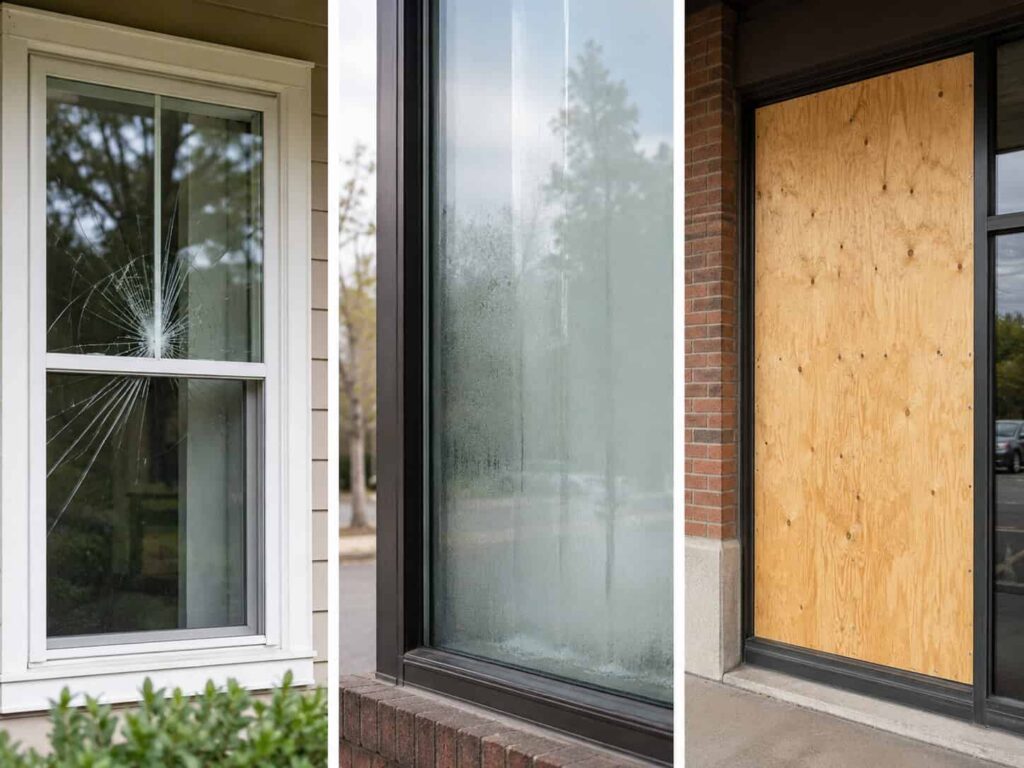 Window glass repair, replacement, and board-up options for Sterling properties