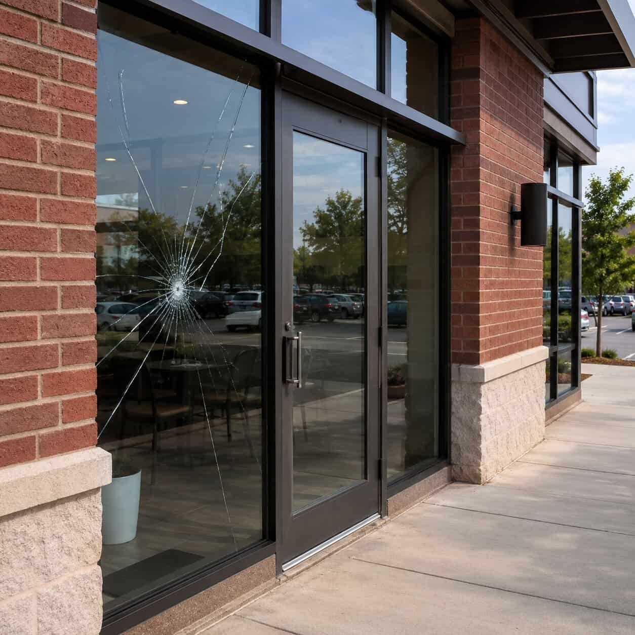 Cracked commercial storefront glass at a business in Fairfax, VA
