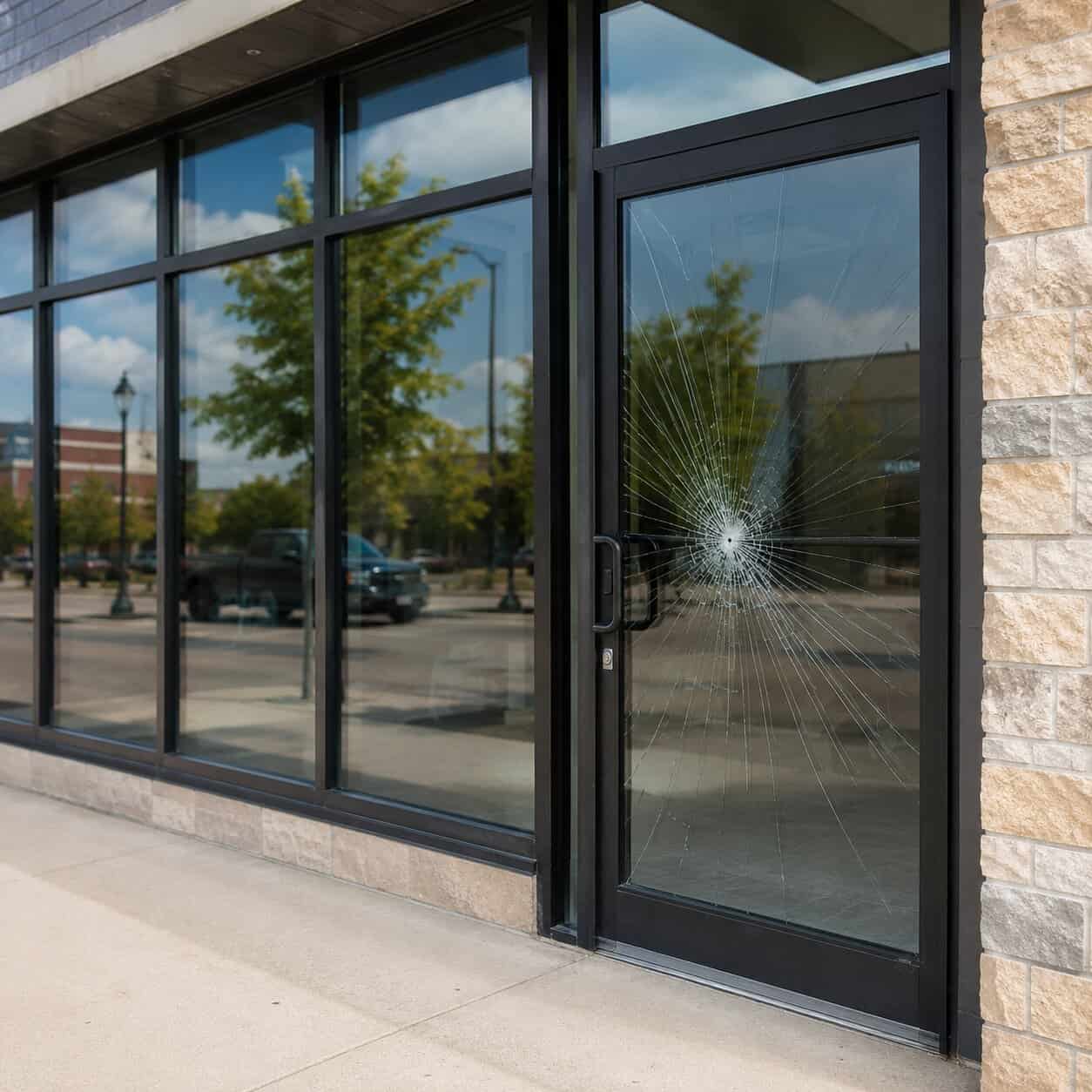Cracked commercial storefront glass at a business in Falls Church, VA