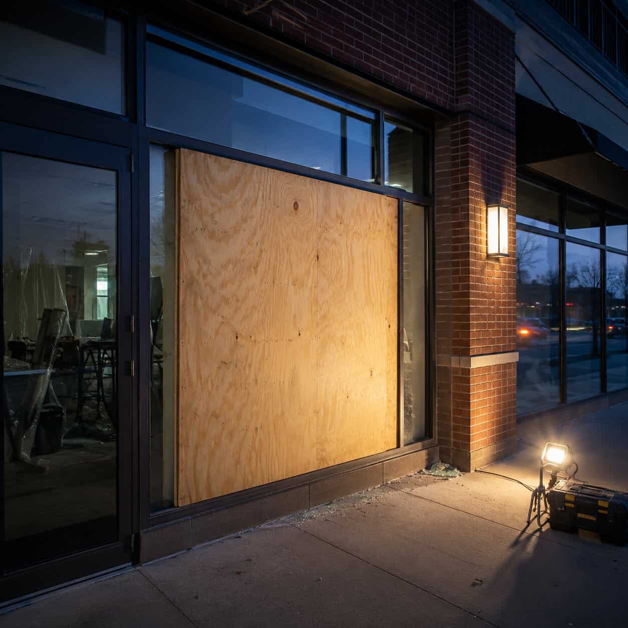 Cracked commercial storefront glass at a business in Haymarket, VA