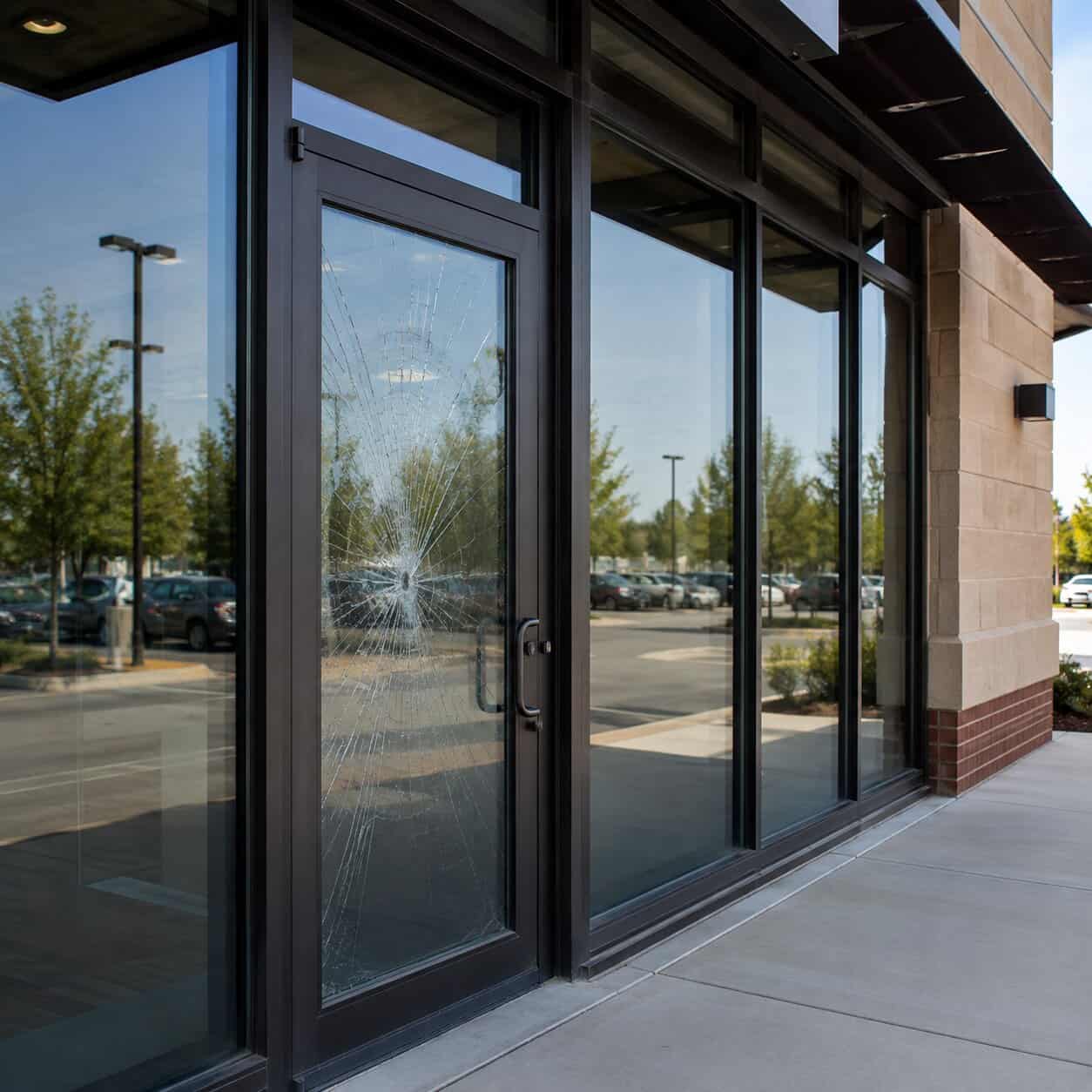 Cracked commercial storefront glass at a business in Herndon, VA
