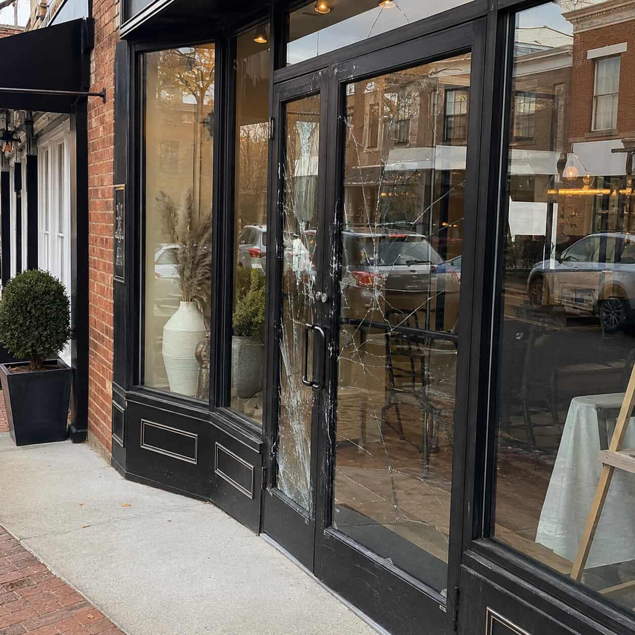 Cracked commercial storefront glass at a business in Leesburg, VA