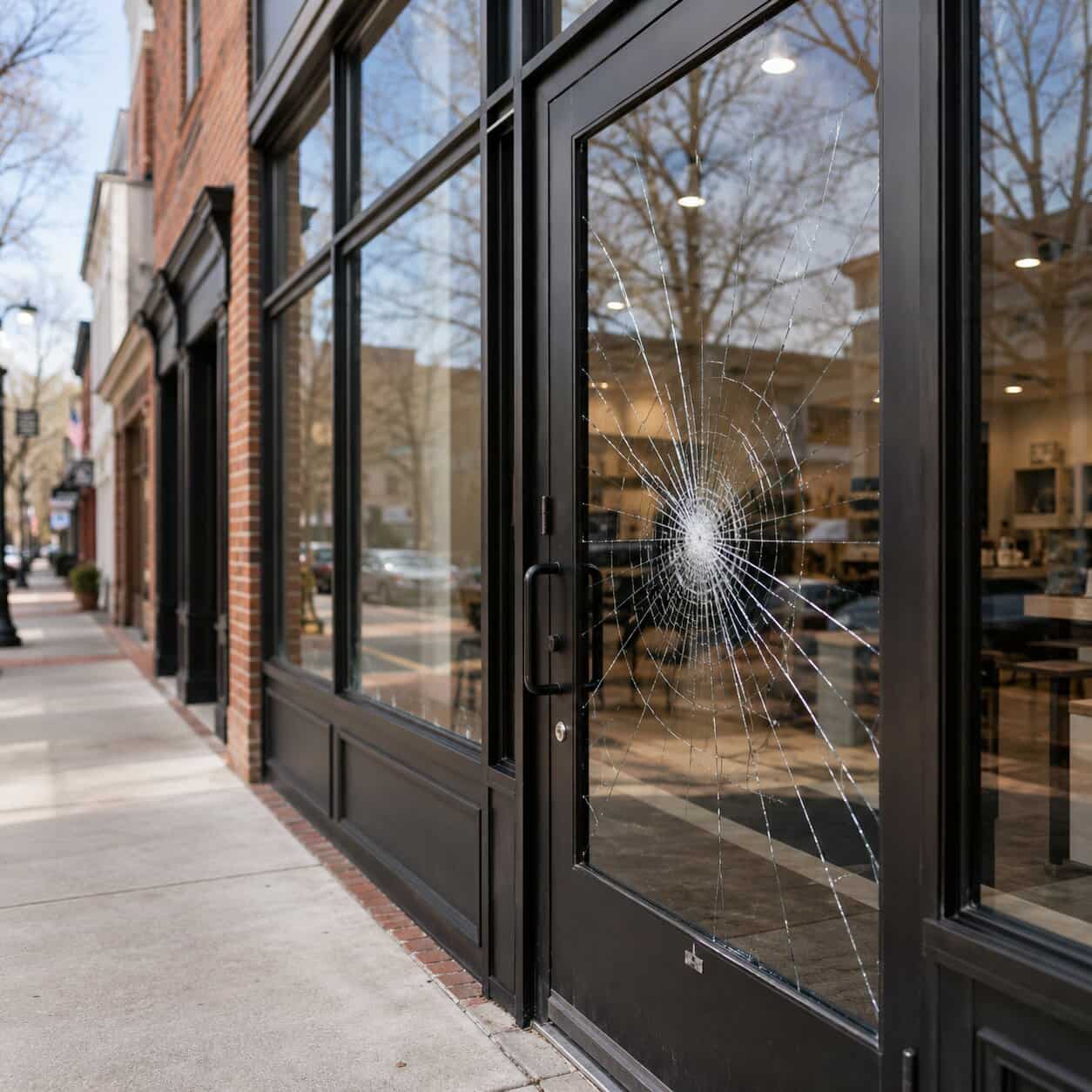 Cracked commercial storefront glass at a business in Manassas, VA