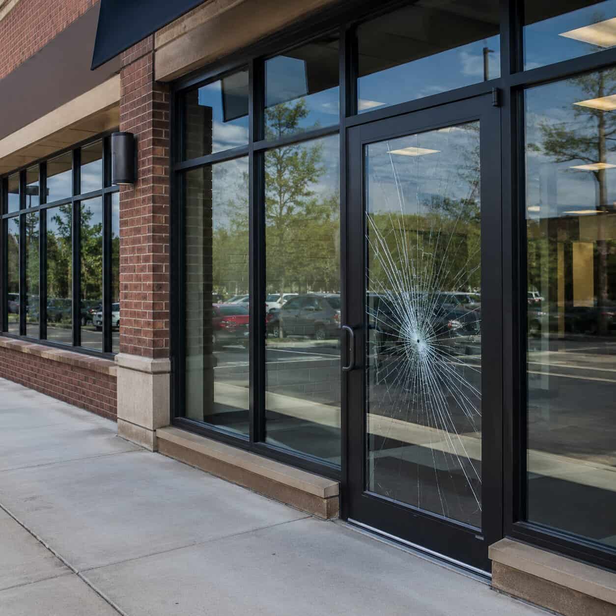 Cracked commercial storefront glass at a business in Reston, VA