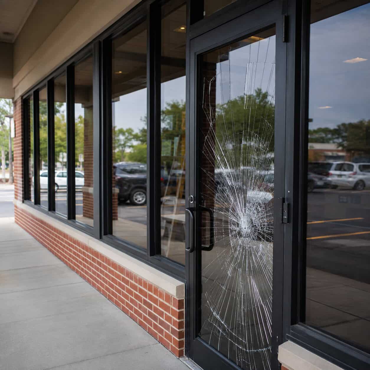 Cracked commercial storefront glass at a business in Vienna, VA
