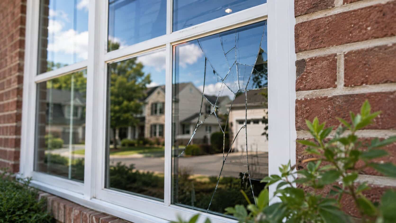 Cracked residential window glass needing repair in Haymarket, VA