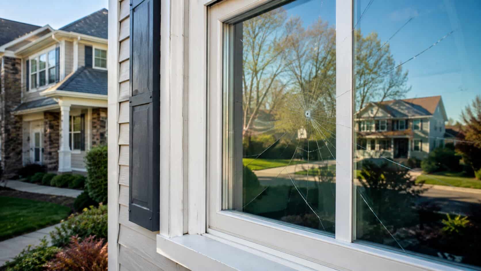 Cracked residential window glass needing repair in Herndon, VA