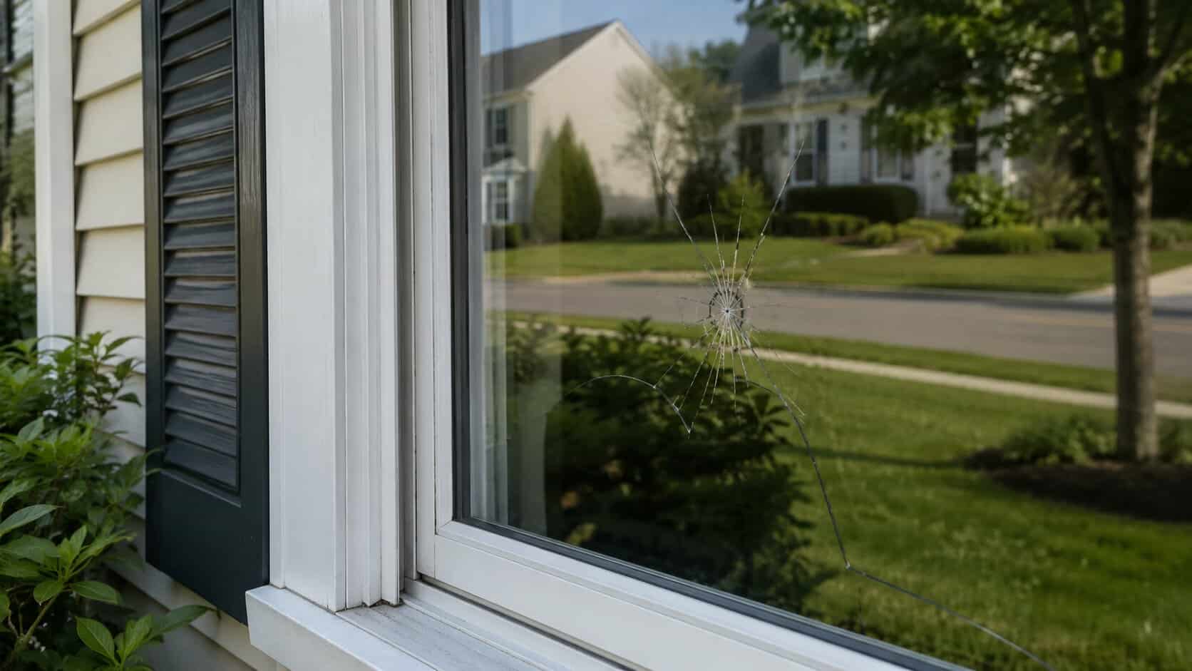 Cracked residential window glass needing repair in Leesburg, VA