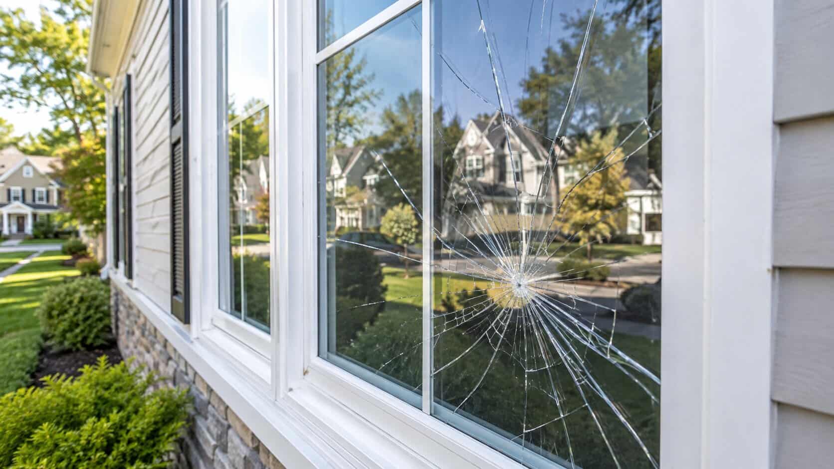 Cracked residential window glass needing repair in Reston, VA