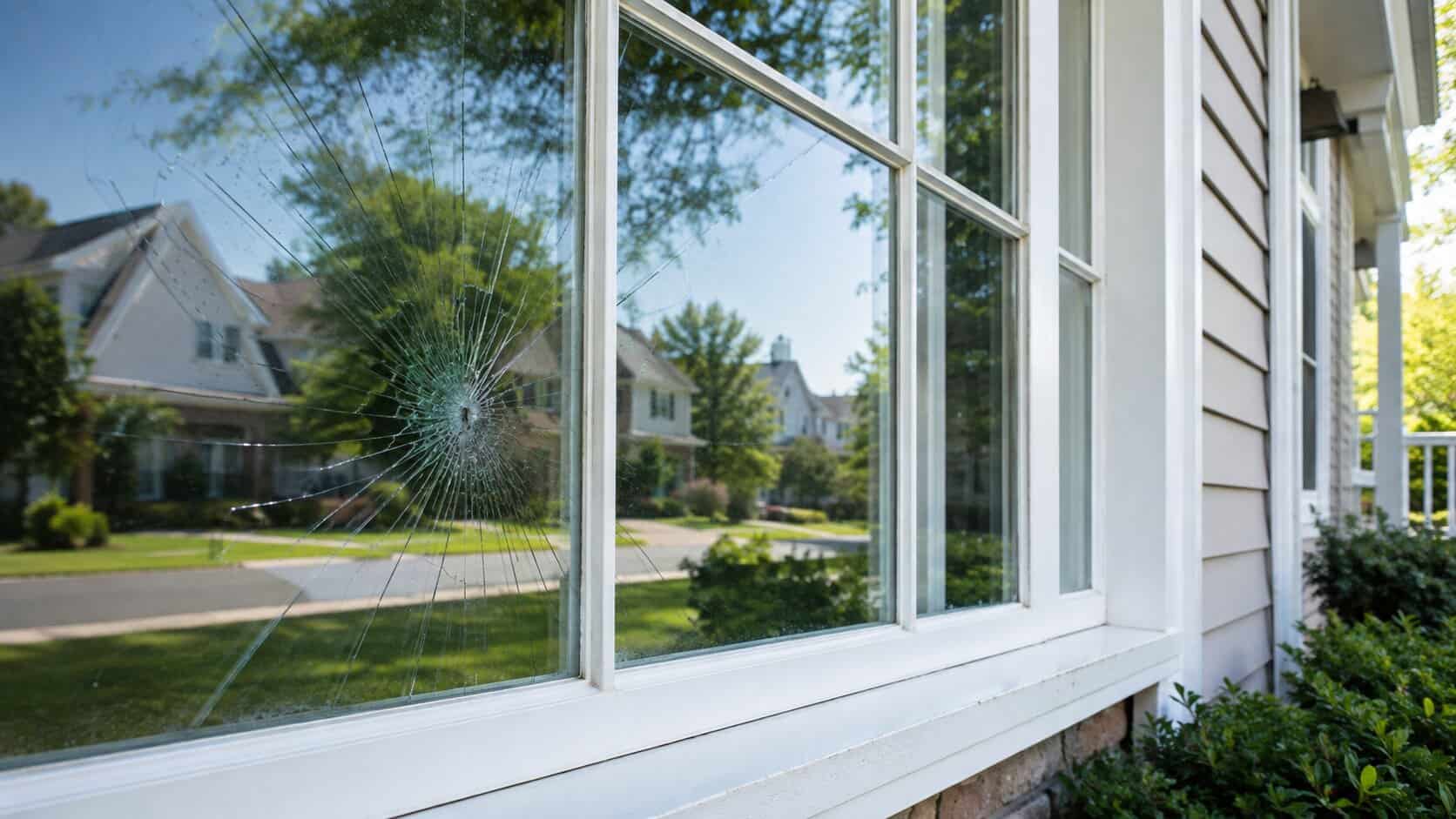 Cracked residential window glass needing repair in Sterling, VA