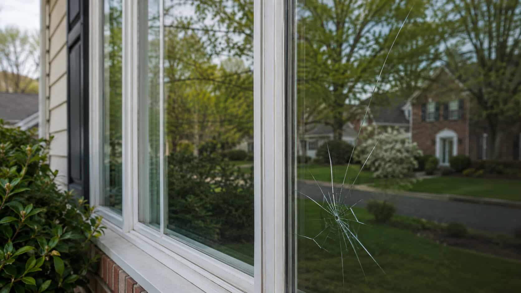Cracked residential window glass needing repair in Vienna, VA