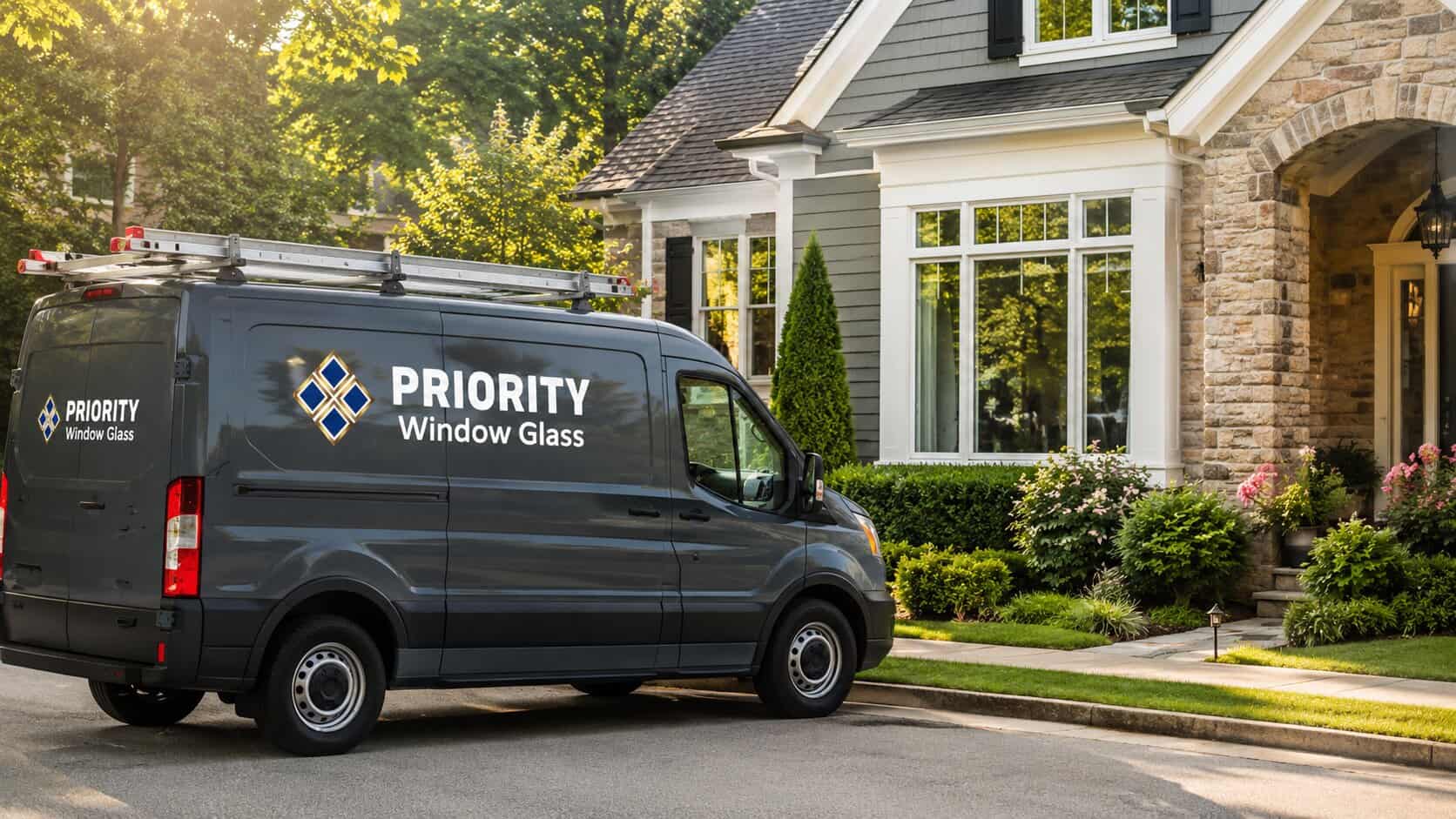 Window Glass repair van outside a completed window glass repair project in Fairfax, VA