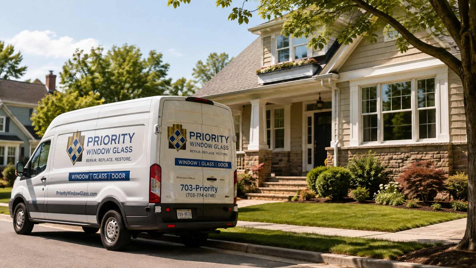 Window Glass repair van outside a completed window glass repair project in Falls Church, VA