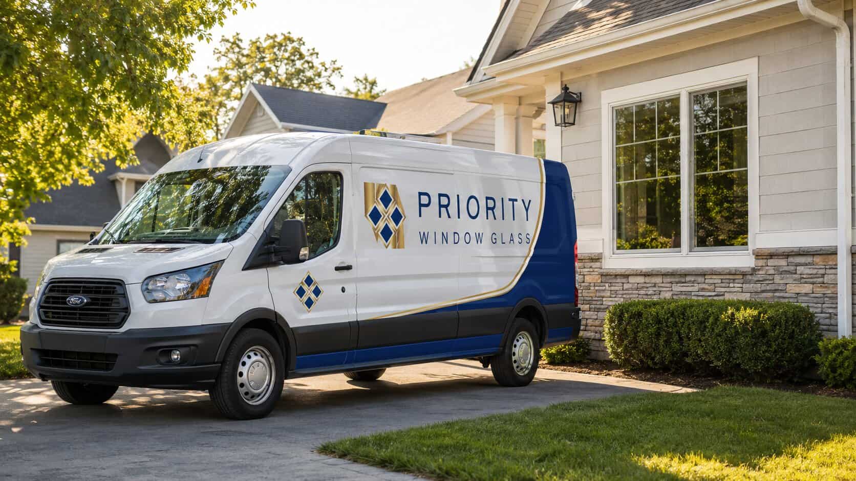 Window Glass repair van outside a completed window glass repair project in Haymarket, VA