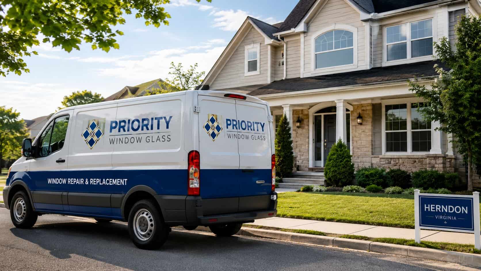 Window Glass repair van outside a completed window glass repair project in Herndon, VA