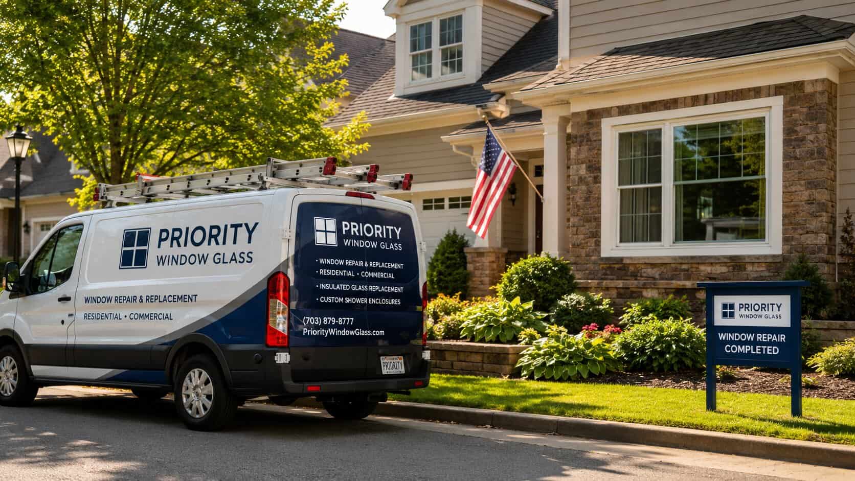Window Glass repair van outside a completed window glass repair project in Leesburg, VA