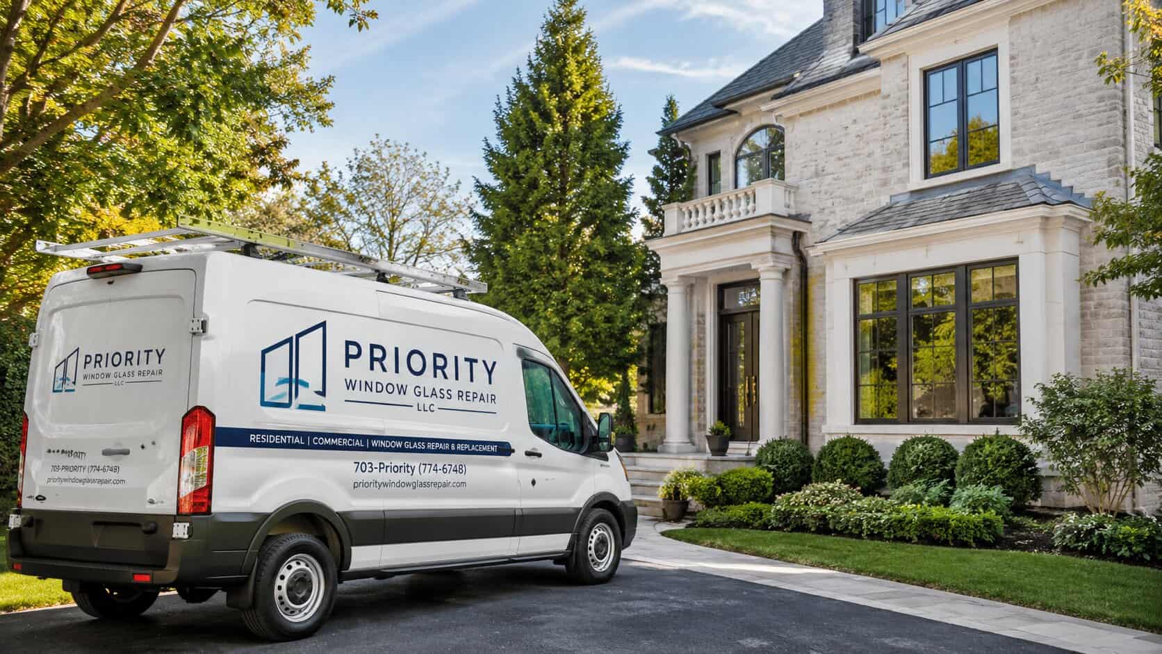 Window Glass repair van outside a completed window glass repair project in McLean, VA