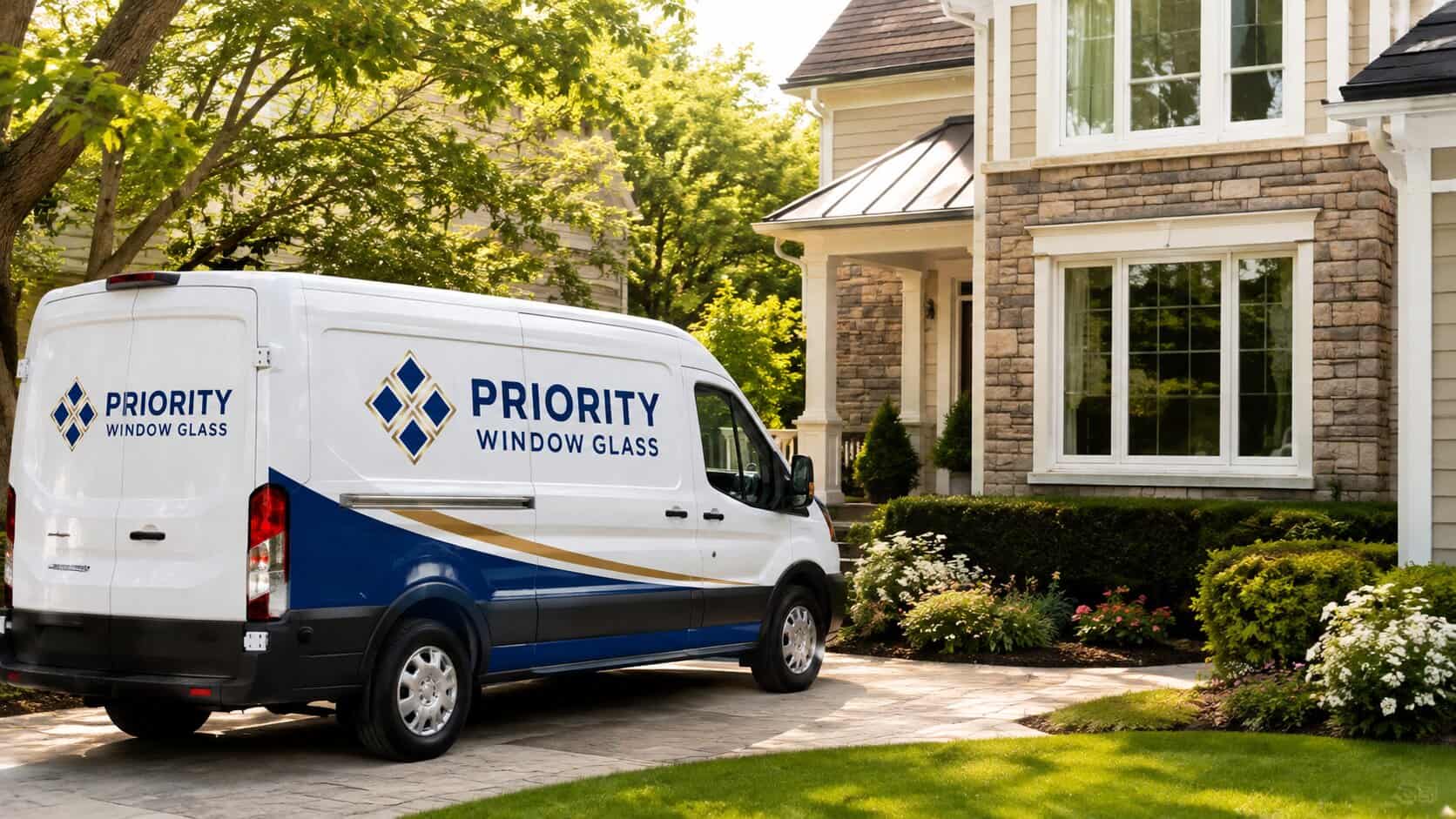 Window Glass repair van outside a completed window glass repair project in Reston, VA