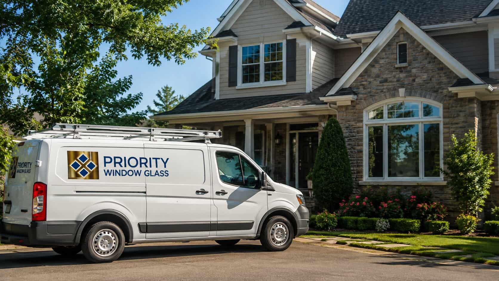 Window Glass repair van outside a completed window glass repair project in Sterling, VA