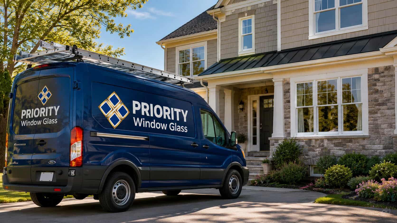 Window Glass repair van outside a completed window glass repair project in Vienna, VA