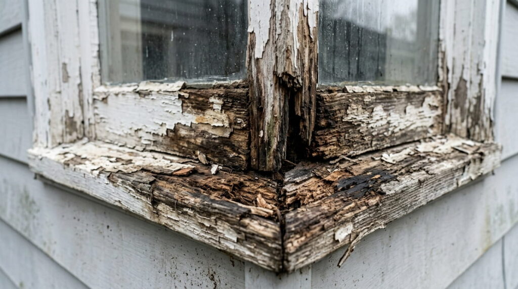 Close-up of a deteriorated wood window frame showing rot and water damage