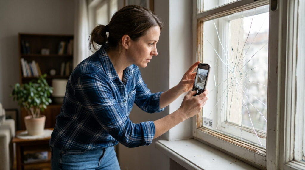 Homeowner photographing a damaged window to request a free glass repair estimate