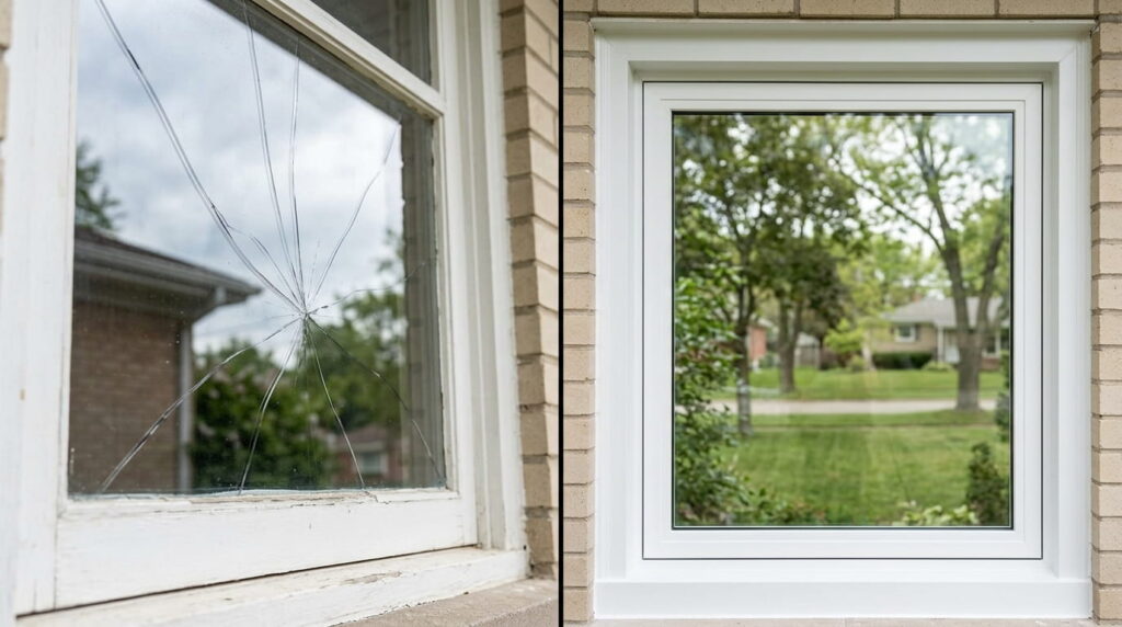 Side-by-side view of a cracked window pane next to a fully installed replacement window