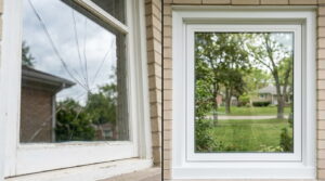 Side-by-side view of a cracked window pane next to a fully installed replacement window