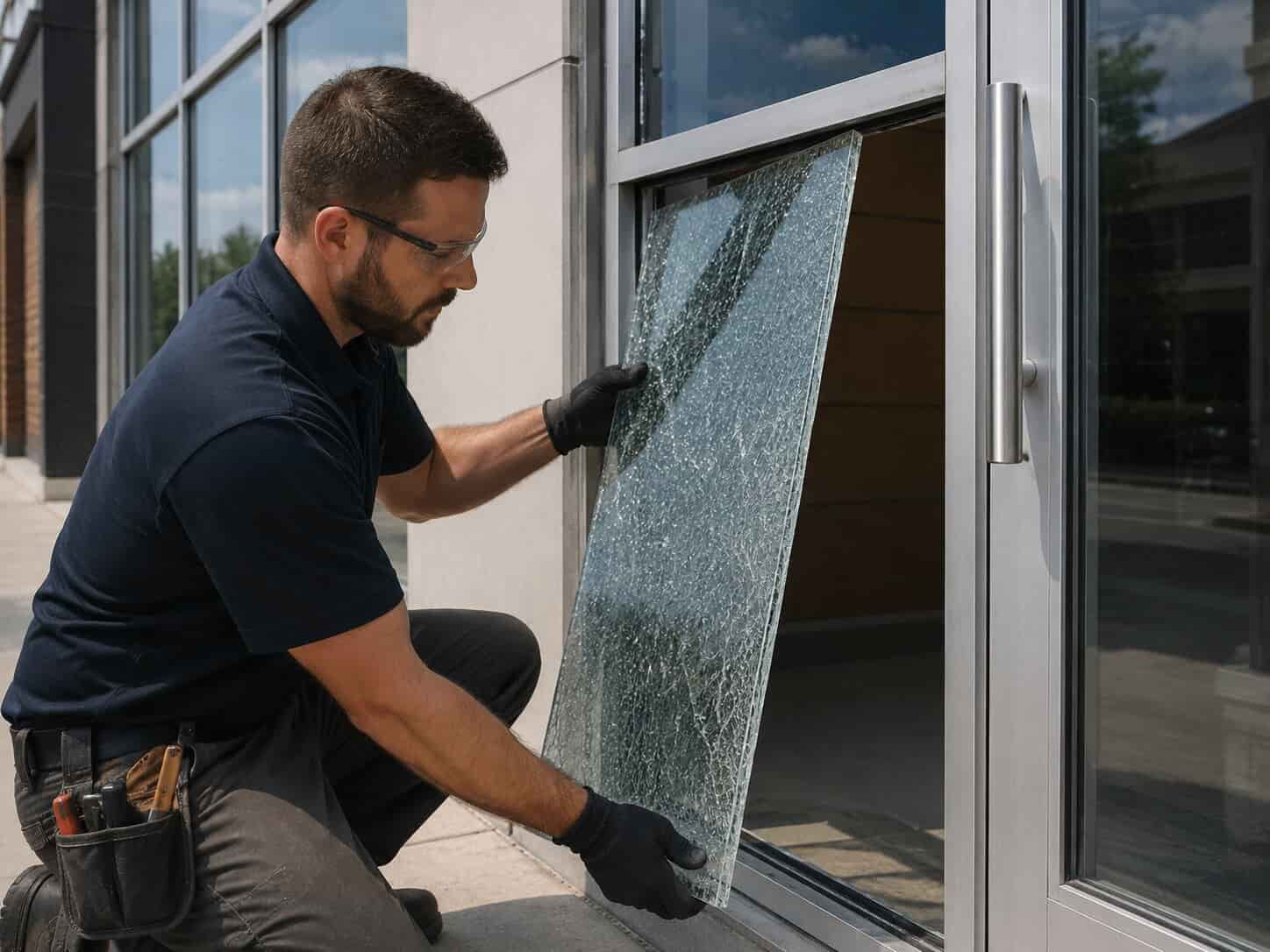 Technician removing a broken glass panel from an aluminum commercial door frame