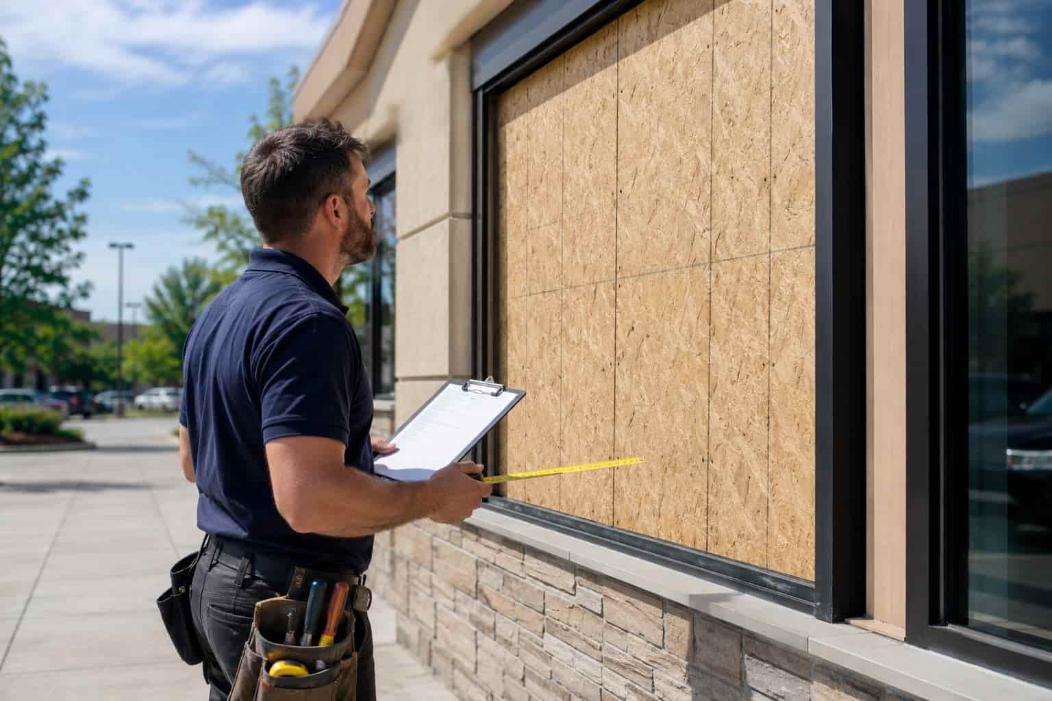Technician reviewing a boarded-up window opening to plan follow-up glass replacement