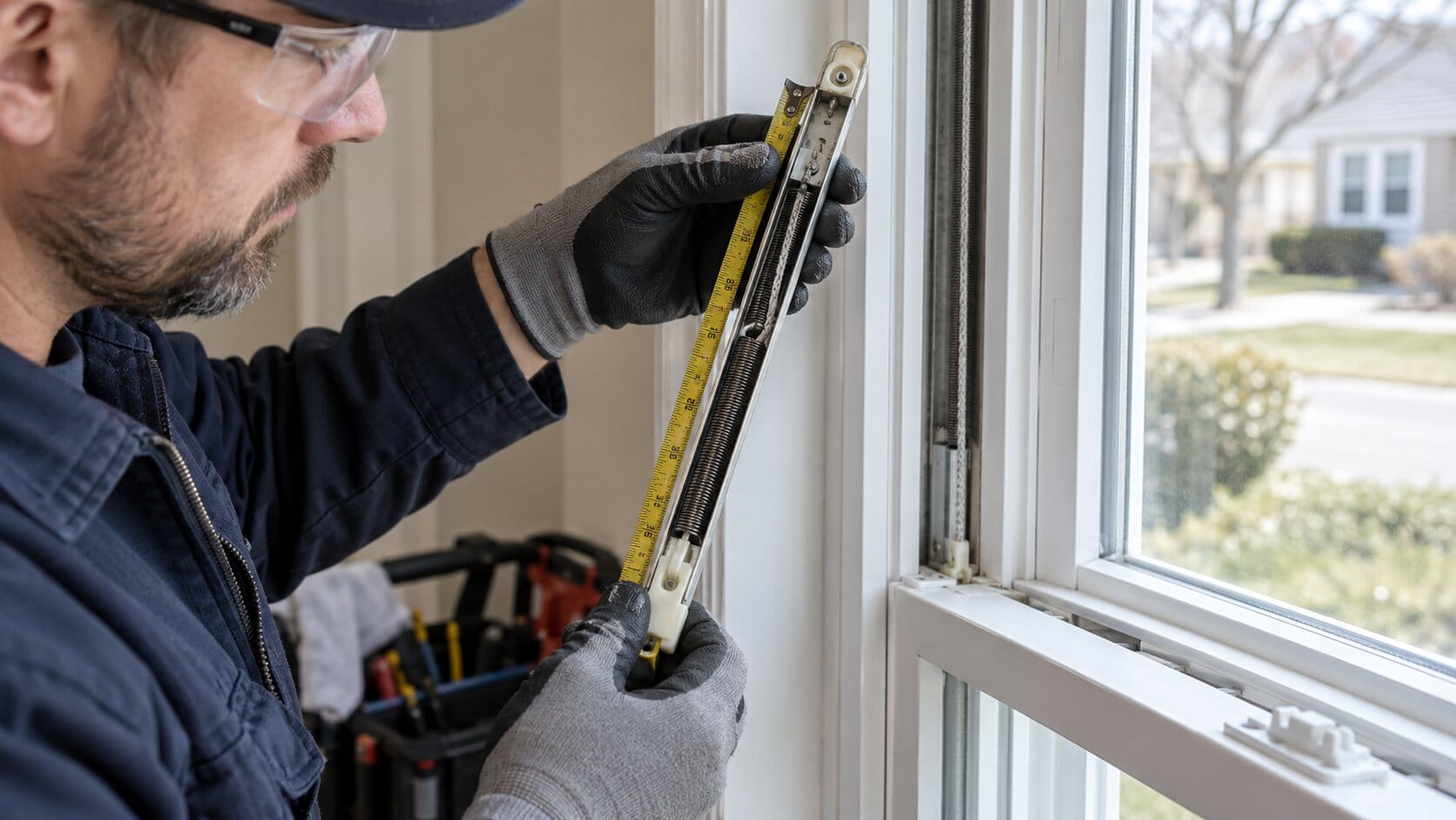 Close-up of a channel block-and-tackle balance being inspected beside a window sash