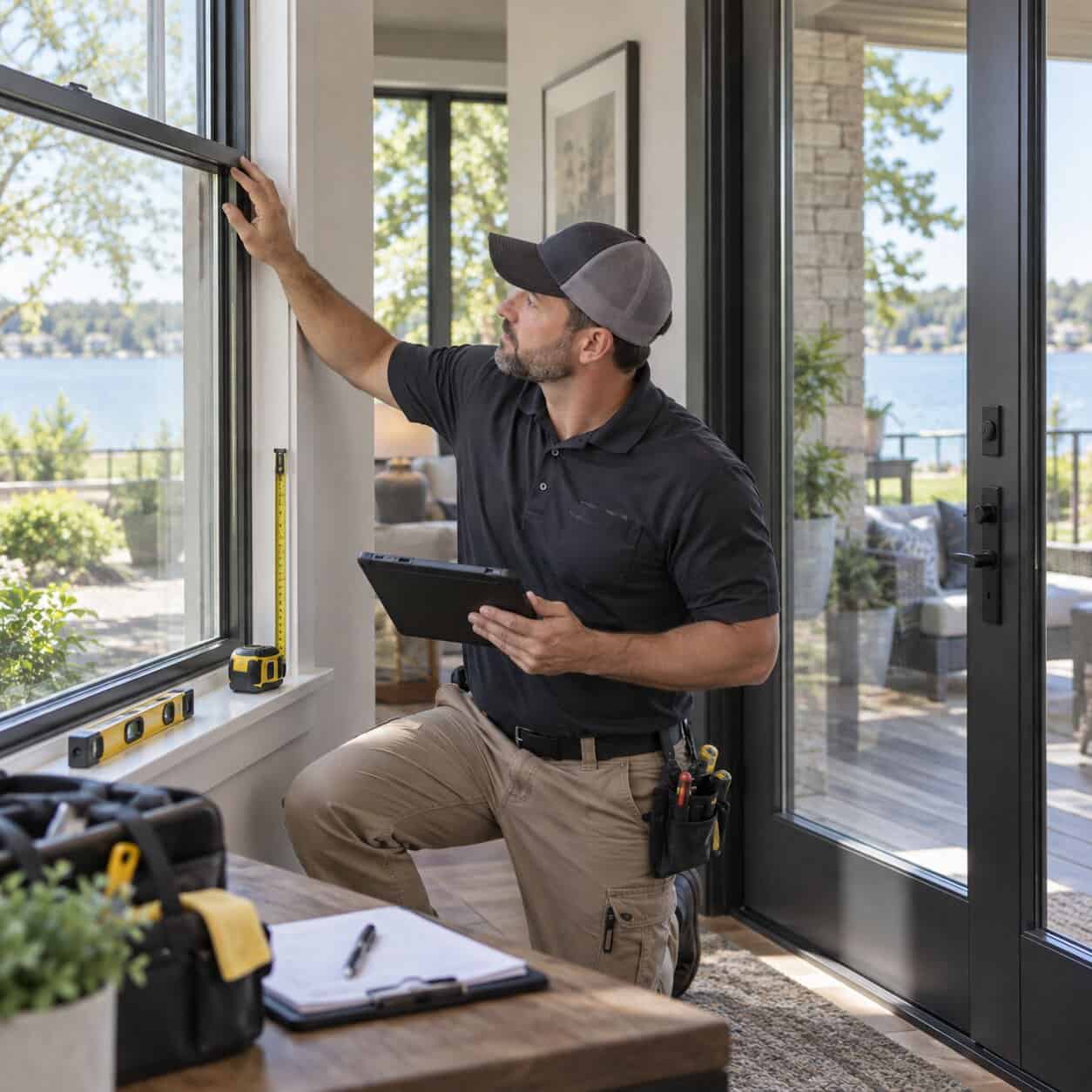 Glass technician assessing a window and glass door to determine the appropriate repair service