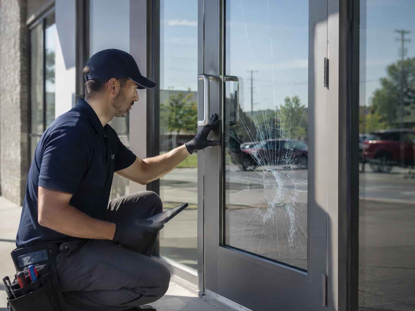 Technician inspecting damaged commercial entry door glass