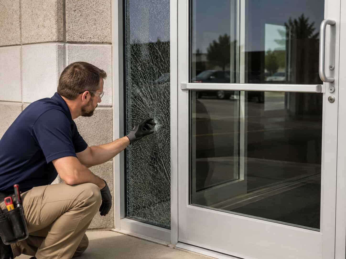 Technician assessing cracked sidelight glass panels beside a commercial entry door