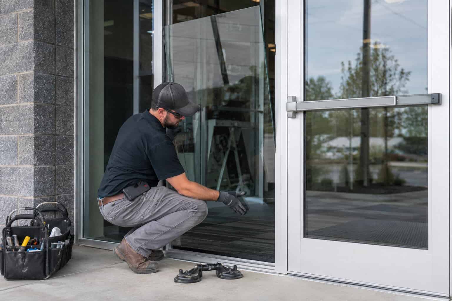 Technician installing new tempered glass panel in a commercial aluminum entry door