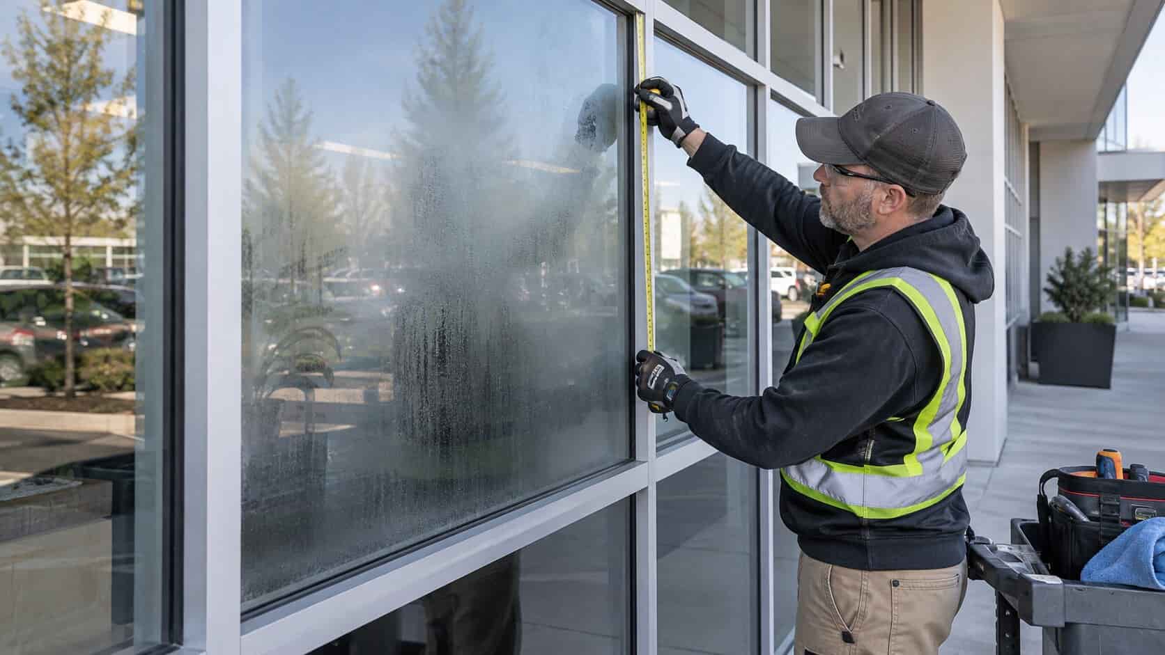 Technician measuring commercial insulated glass for double-pane replacement