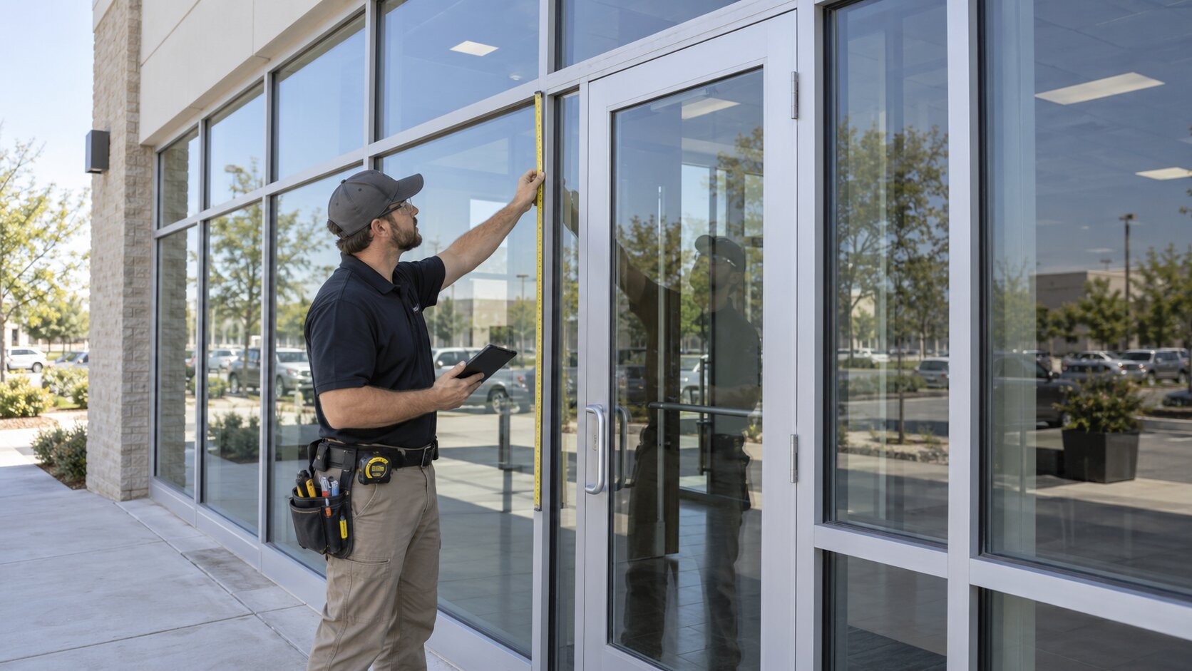Glass technician inspecting an aluminum commercial storefront and entry door