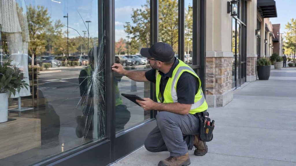 Commercial storefront glass technician assessing damaged glass in Northern Virginia