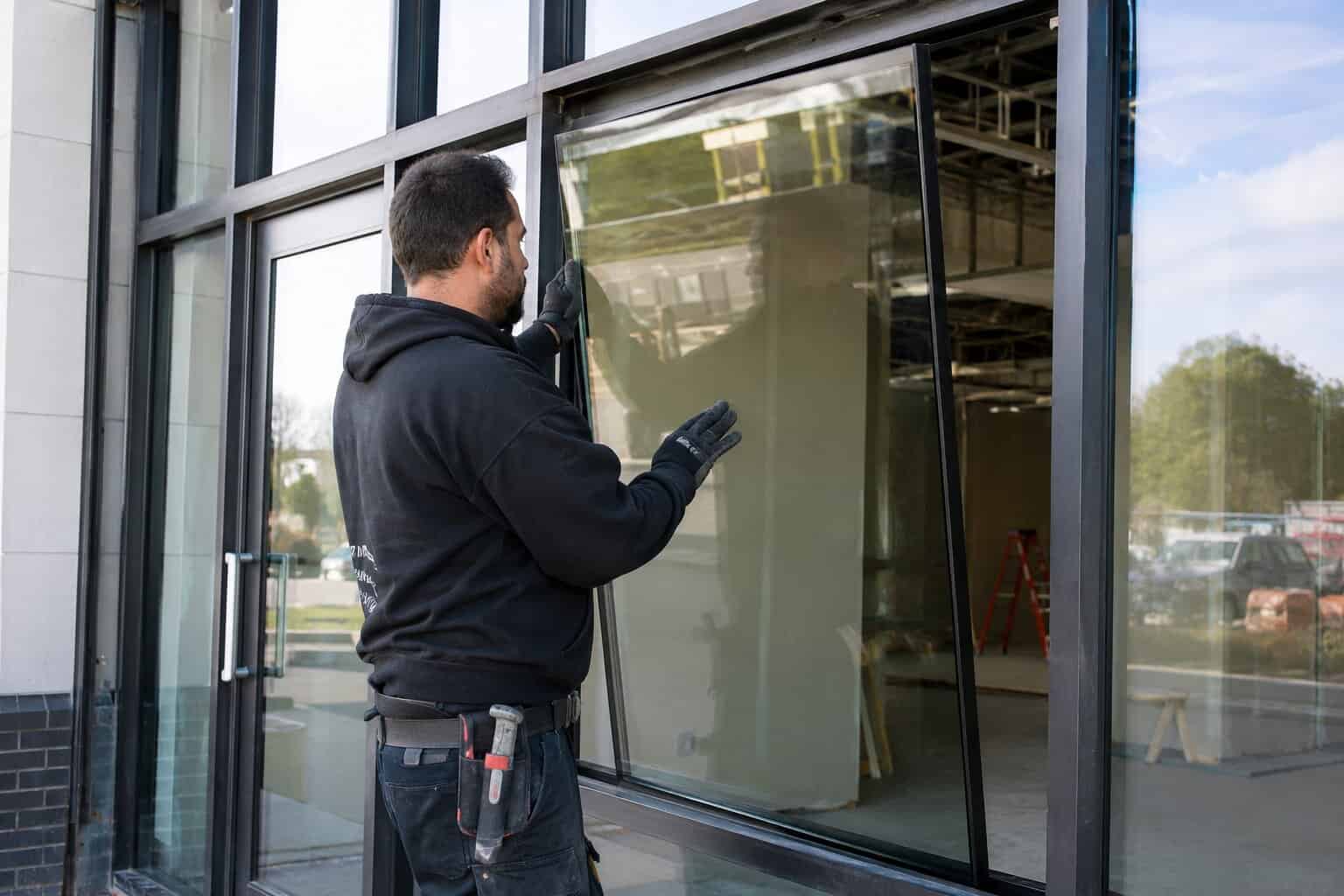 Technician installing a new insulated glass unit into an aluminum commercial storefront frame