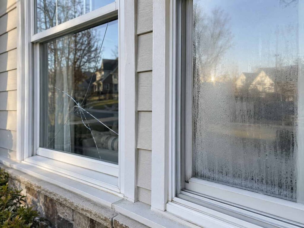 Cracked and foggy residential window glass showing common glass problems