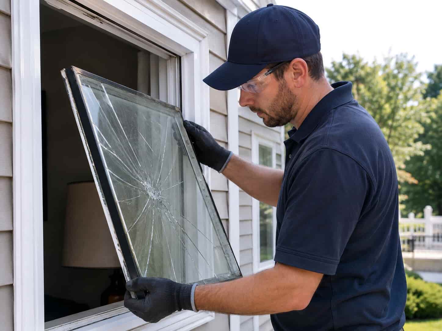 Technician removing a cracked double-pane insulated glass unit from a window frame