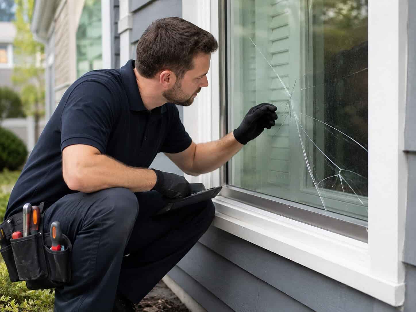 Technician inspecting a cracked residential window pane before glass replacement