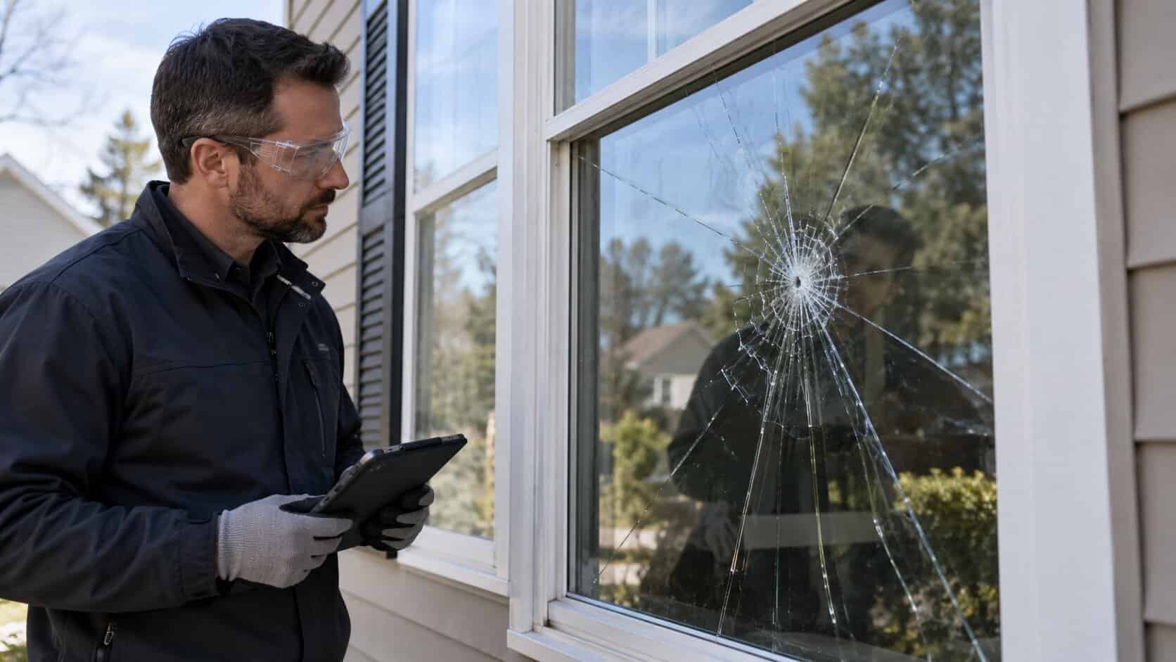 Technician assessing heavily cracked residential window glass for safety