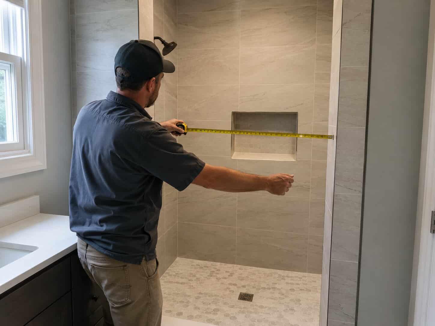 Technician measuring a shower opening with a tape measure before glass installation